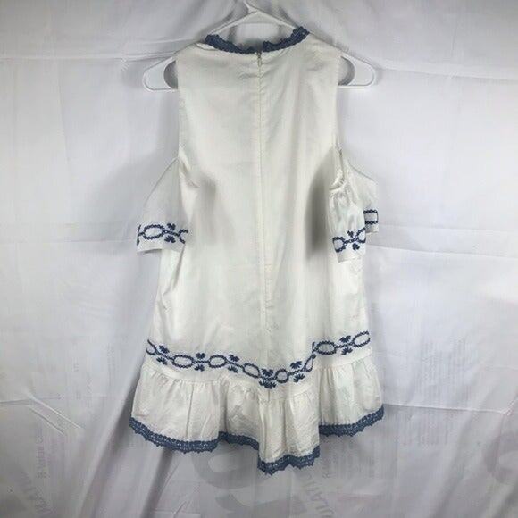 Foxiedox Anthropologie White Blue Embroidered Cold Shoulder Romper size small - Picture 2 of 5